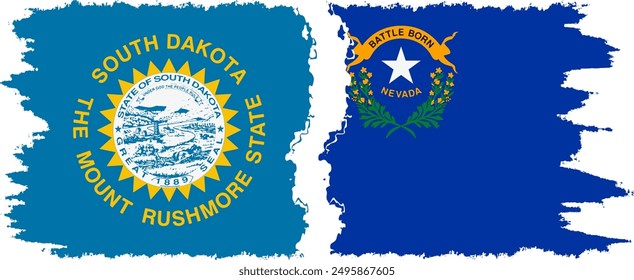 Nevada and South Dakota states grunge brush flags connection, vector