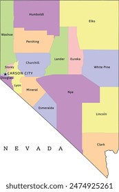 Nevada state administrative map with counties. Colored. Vectored. Bright colors