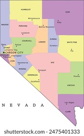 Nevada state administrative map with counties and seats. Clored. Vectored. Bright colors