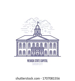 Nevada State Capitol located in the state capital of Carson City. The seat of government for the US state of Nevada. The great example of 	Neoclassical Italianate style. City sight linear vector icon