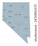 Nevada state counties, gray political map. Landlocked state in the Western region of the United States, subdivided into 16 counties and independent Carson City. Map with boundaries and county names.