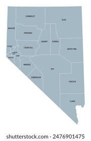 Nevada state counties, gray political map. Landlocked state in the Western region of the United States, subdivided into 16 counties and independent Carson City. Map with boundaries and county names.