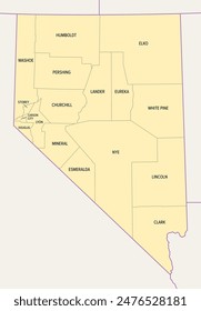 Nevada state counties, political map. A landlocked state in the Western region of the United States, subdivided into 16 counties and independent Carson City. Map with boundaries and county names.