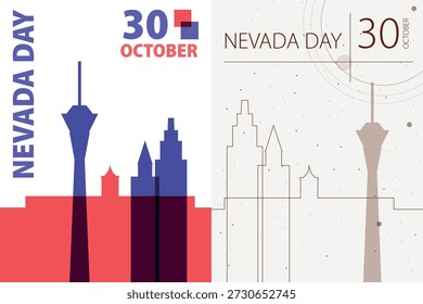 Plakatpaket zum Nationalfeiertag von Nevada. Vektorgrafiken mit der Skyline der Stadt USA Las Vegas und Wahrzeichen formen für Urlaubskarte, Druck, Veranstaltung, Broschüre. Moderne Vorlage