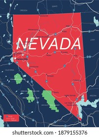 Nevada state detailed editable map with cities and towns, geographic sites, roads, railways, interstates and U.S. highways. Vector EPS-10 file, trending color scheme