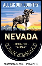 Nevada state emblem, ram, sunrise on a dark background