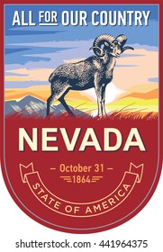 Nevada state emblem, ram, sunrise on a red background