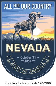 Nevada state emblem, ram, sunrise on a blue background