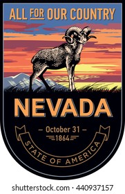 Nevada state emblem, ram, sunset on a dark background