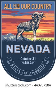 Nevada state emblem, ram, sunset on a blue background