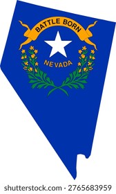 Nevada State Map with Flag Design and Accurate Geographic Contours. Professional vector silhouette featuring the Battle Born emblem on a cobalt blue background. Ideal for Las Vegas tourism guides, Reno business infographics, and mining industry reports. Clean 2D minimalist graphic