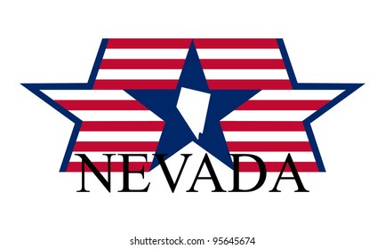 Nevada state map, flag, and name.