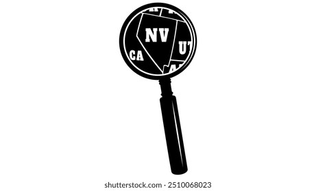 NEVADA state map in magnifying glass, black isolated silhouette