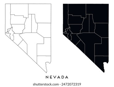 Nevada state map of regions districts vector black on white and outline