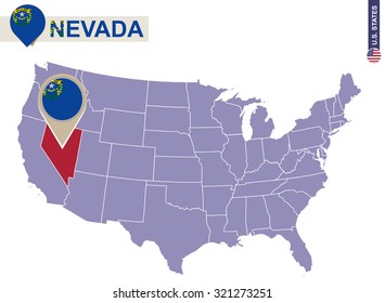 Nevada State on USA Map. Nevada flag and map. US States.