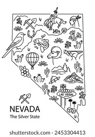 Nevada State Related Line Icons. Simple set on Nevada shape map-Silver, Rodeo, Las Vegas, Hoover dam, trout, Bighorn sheep, Desert, Valley of fire, plants. Minimal style, editable stroke