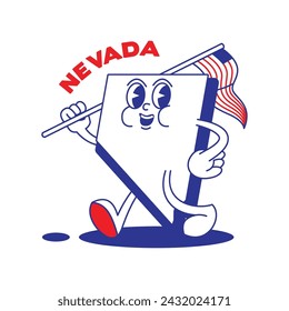 Nevada State Retro Maskottchen mit Hand und Fuß Clip Art. USA Karte Retro Cartoon Aufkleber mit lustigen Comic-Figuren und Handschuhen. Vektor-Vorlage für Website, Design, Cover, Infografiken.