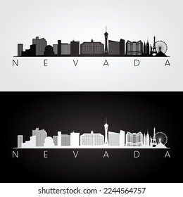 Escenario del estado de Nevada y silueta de monumentos, diseño blanco y negro. Ilustración vectorial.