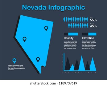 Nevada State (USA) Map with Set of Infographic Elements in Blue Color in Dark Background. Modern Information Graphics Element for your design.
