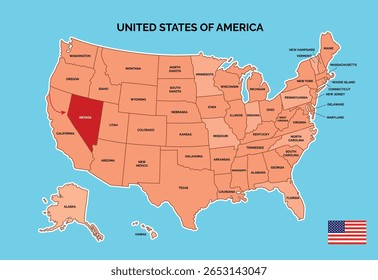 Nevada State, USA, vector map isolated on United states map. Editable vector map of USA