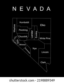 Nevada State Vektorgrafik Silhouettengrafik einzeln auf schwarzem Hintergrund. Hochdetaillierte Illustration. Vereinigte Staaten von Amerika. Nevada Karte mit getrennten Bezirksgrenzen.