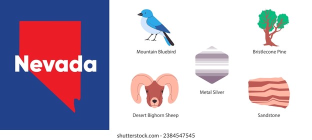 Nevada states with symbol icon of silver desert bighorn sheep bristlecone pine mountain bluebird sandstone illustration