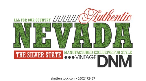 Nevada stylish typography slogan for t-shirt. Abstract design with the grunge and vintage style. The Silver State. Vector print, typography, poster. Global swatches.