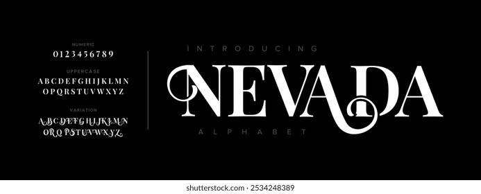 Nevada Typografie Beauty Mode elegante minimalistische Serif Italic Schriftarten dekorative Hochzeit Vintage Retro-Logos. Minimal luxuriöse Schriftart Alphabet Logo. Vektorgrafik