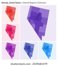 Nevada, United States. Map collection. State shape. Colored counties. Deep Purple, Red, Pink, Purple, Indigo, Blue color palettes. Border of Nevada with counties. Vector illustration.