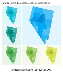 Nevada, United States. Map collection. State shape. Colored counties. Light Blue, Cyan, Teal, Green, Light Green, Lime color palettes. Border of Nevada with counties. Vector illustration.