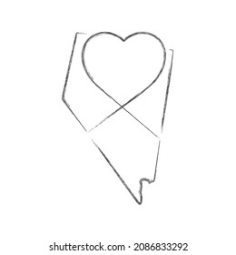 Nevada US state hand drawn pencil sketch outline map with heart shape. Continuous line drawing of patriotic home sign. A love for a small homeland. T-shirt print idea. Vector illustration.