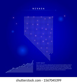 Nevada US state illuminated map with glowing dots. Infographics elements. Dark blue space background. Vector illustration. Growing chart, lorem ipsum text.