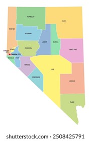 Nevada, U.S. state, multi colored political map with borders and county names. State in the Western region of the USA, subdivided into 16 counties and the independent city and capital Carson City.