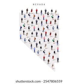 Nevada US state population map. Large group of realistic a diverse crowd of people figures. Flat vector illustration isolated on white.