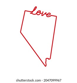 Nevada US state red outline map with the handwritten LOVE word. Continuous line drawing of patriotic home sign. A love for a small homeland. Interior decoration idea. Vector illustration.