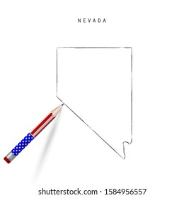 Nevada US state vector map pencil sketch. Nevada outline contour map with 3D pencil in american flag colors. Freehand drawing vector, hand drawn sketch isolated on white.