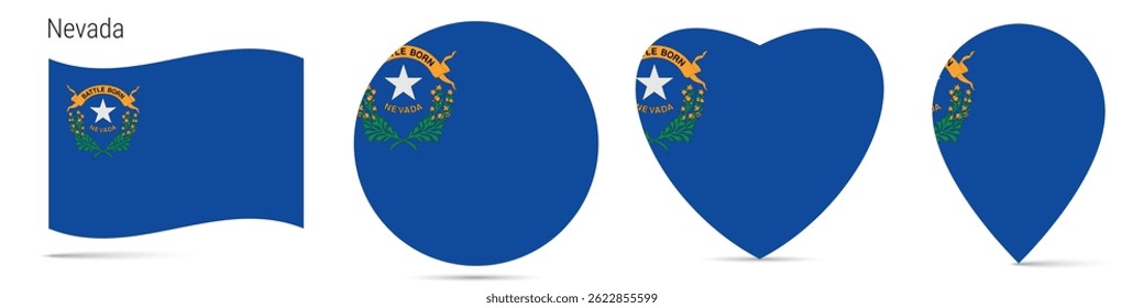 Nevada US state waving flag, round circle sticker badge, heart shaped icon, map pin. Flag buttons of different shapes. Vector illustration isolated on white.