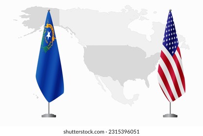 Nevada US and USA flags for official meeting against background of world map.