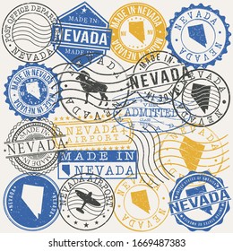 Nevada, USA Set of Stamps. Travel Passport Stamps. Made In Product. Design Seals in Old Style Insignia. Icon Clip Art Vector Collection.