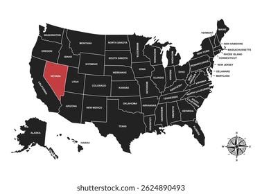 Nevada , USA, vector map isolated on United states map. Editable blank vector map of USA.