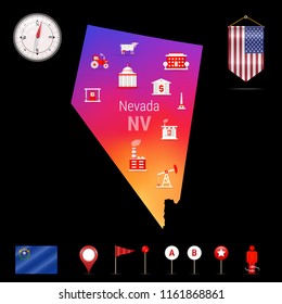 Nevada Vector Map, Night View. Compass Icon, Map Navigation Elements. Pennant Flag of the United States. Vector Flag of Nevada. Various Industries, Economic Geography Icons.