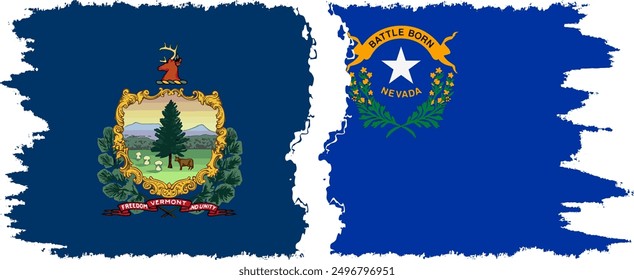 Nevada and Vermont states grunge brush flags connection, vector