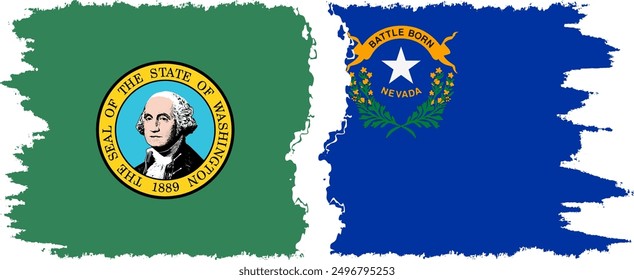 Nevada and Washington states grunge brush flags connection, vector