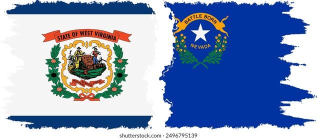 Nevada and West Virginia states grunge brush flags connection, vector