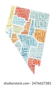 Nevada word cloud in the shape of the state, featuring county names in a typography style. Vector illustration.