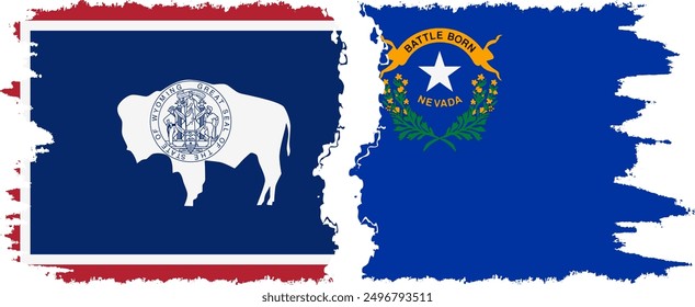 Nevada and Wyoming states grunge brush flags connection, vector