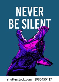 Never be silent slogan poster design with artistic colorful doberman dog illustration