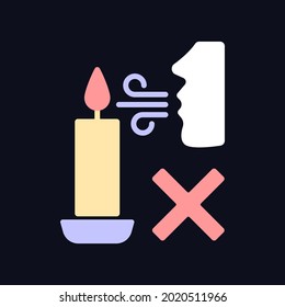 Never blow out candle flame RGB color manual label icon for dark theme. Isolated vector illustration on night mode background. Simple filled line drawing on black for product use instructions