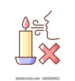 Never blow out candle flame RGB color manual label icon. Smoke and soot appearance risk. Avoid wax splashes. Isolated vector illustration. Simple filled line drawing for product use instructions