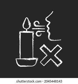 Never blow out candle flame chalk white manual label icon on dark background. Smoke, soot appearance risk. Avoid splashes. Isolated vector chalkboard illustration for product use instructions on black